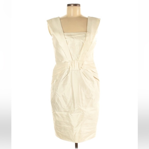 Escada Square Neck Ivory Pencil Dress w/ Pleat 38 Vintage